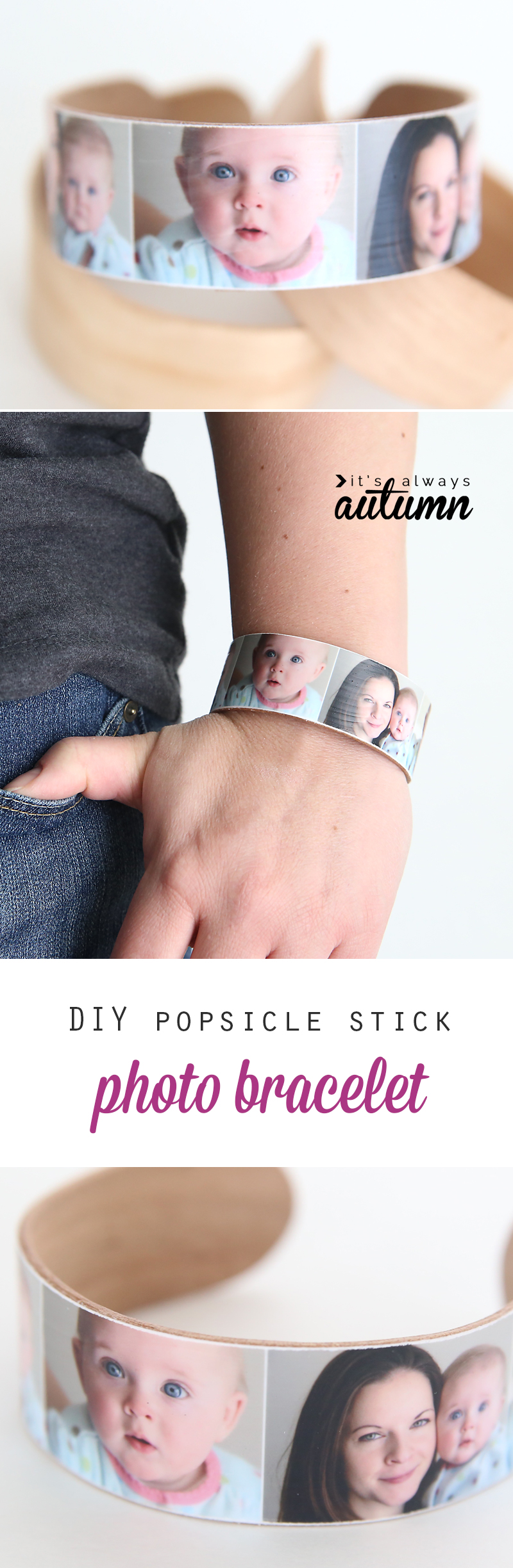 Person wearing a DIY popsicle stick bracelet with photos on it