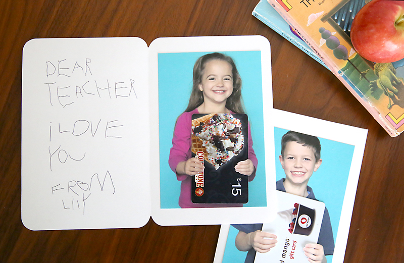 Photos of kids holding a gift card inside a card to a teacher