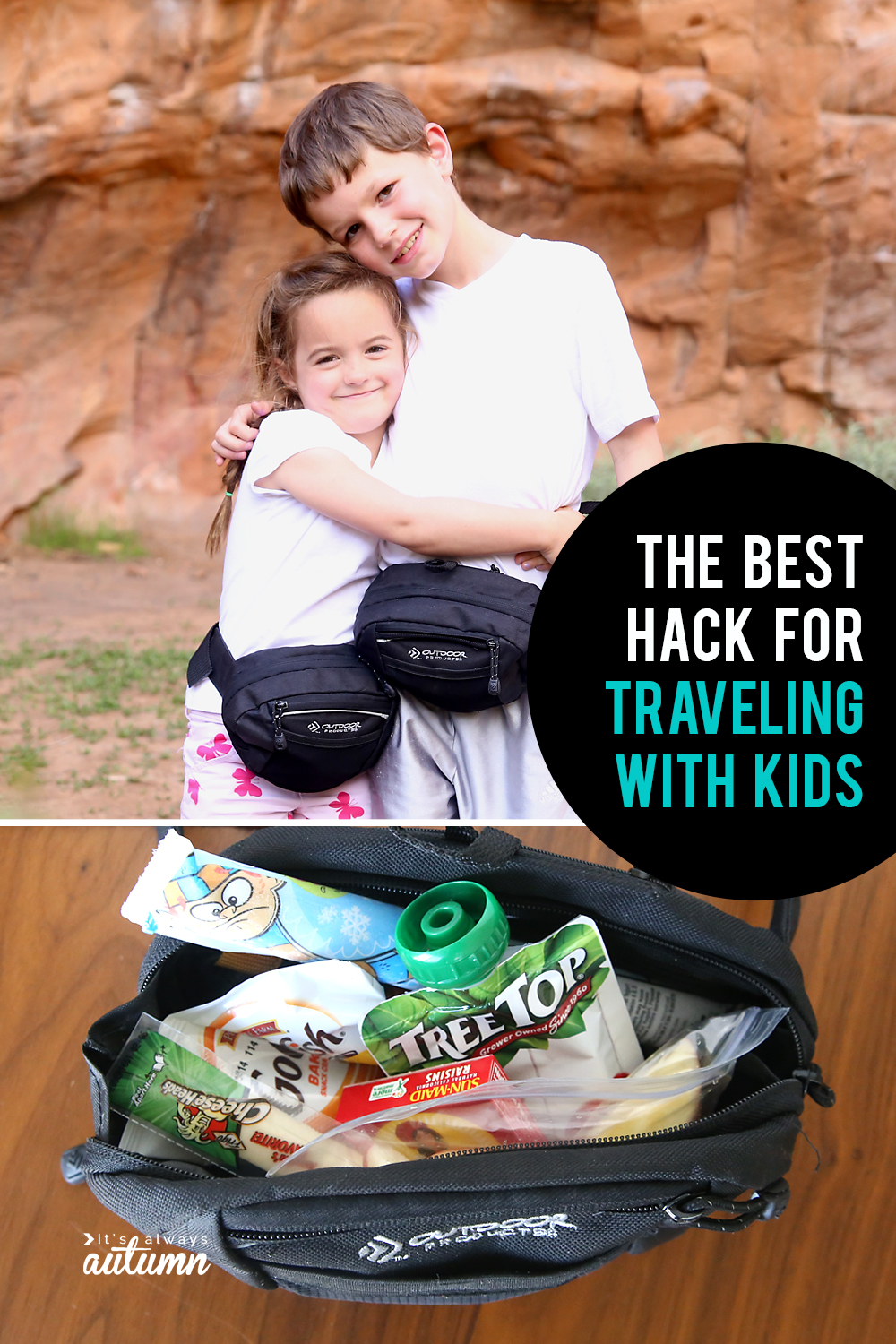 A boy and girl wearing fanny packs; a fanny pack full of healthy snacks