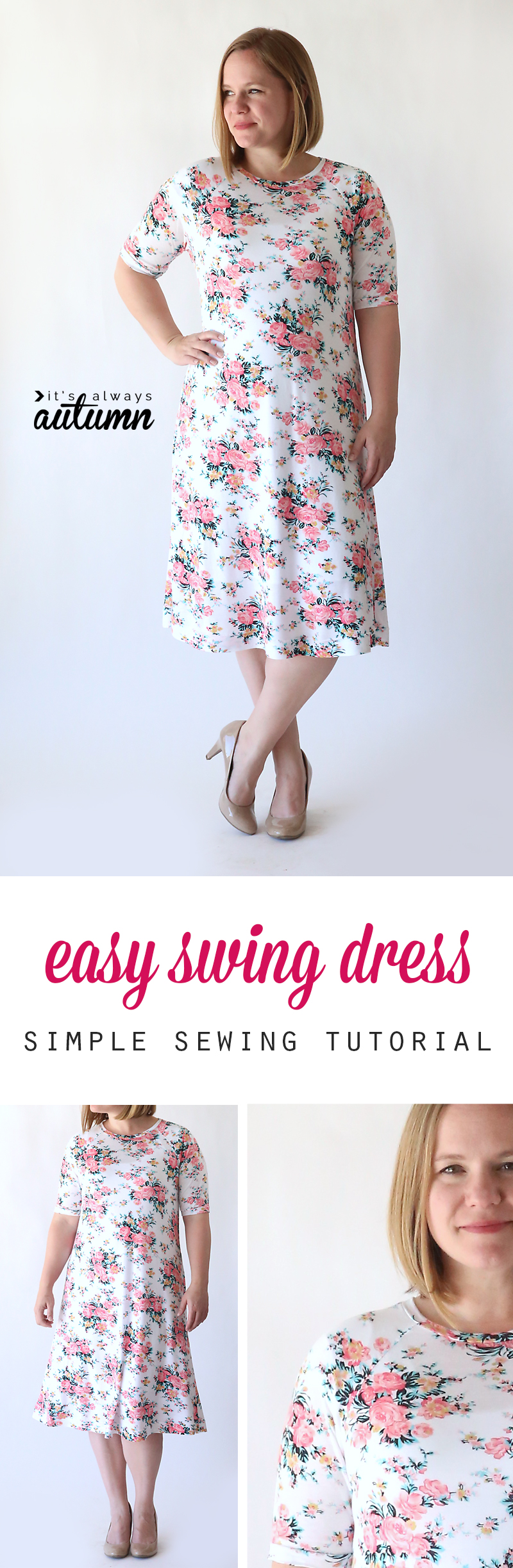 A girl in a floral swing dress made from a sewing tutorial