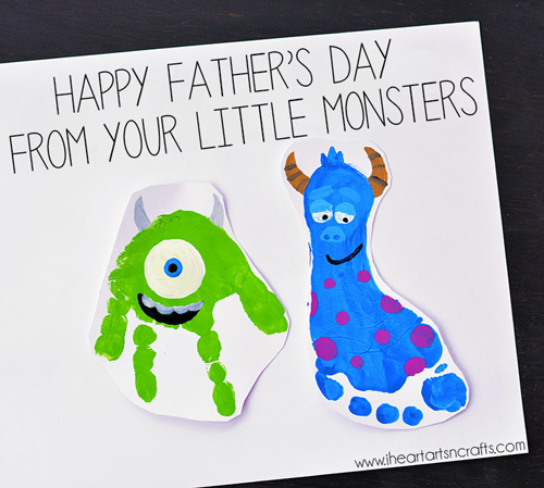 Handprint and footprint making Mike and Sully monsters on a Father\'s Day card