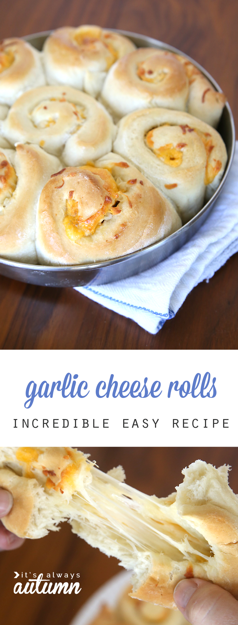 garlic cheese rolls in a round pan; hands pulling apart a garlic cheese roll