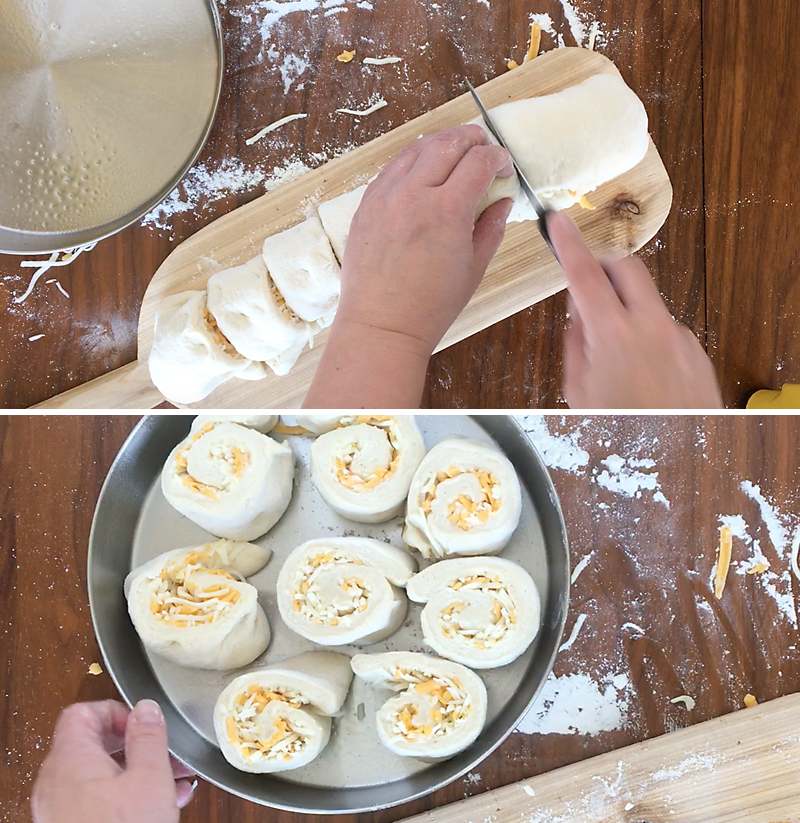 dough rolled into a log, cut into slices; slices placed in a round pan