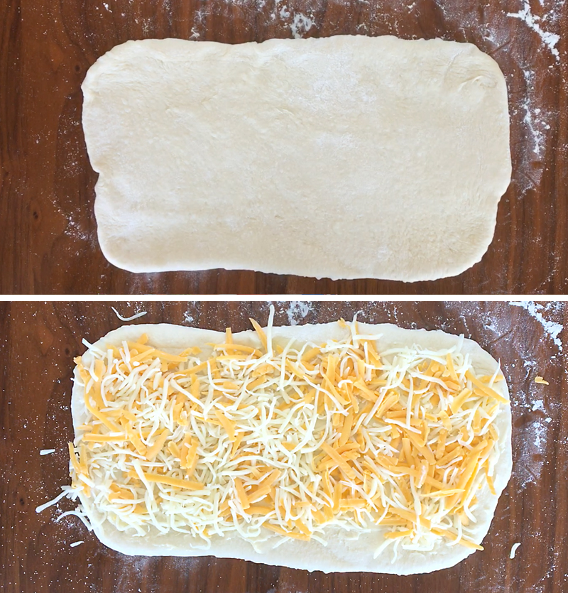 bread dough rolled out in a rectangle; bread dough covered in cheese