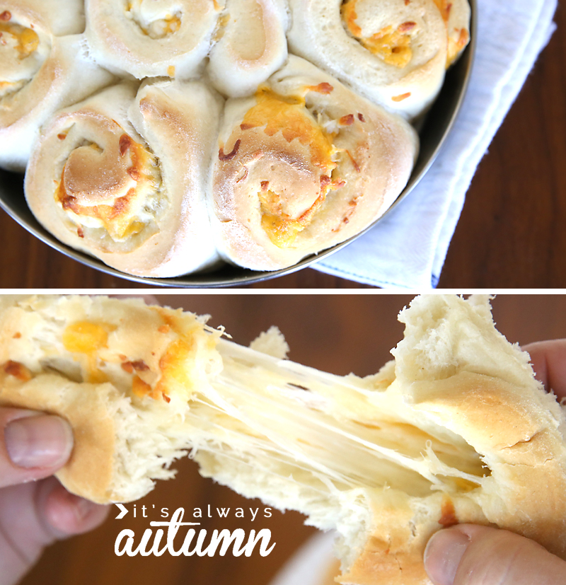 garlic cheese rolls in a pan; hands pulling apart a cheesy roll