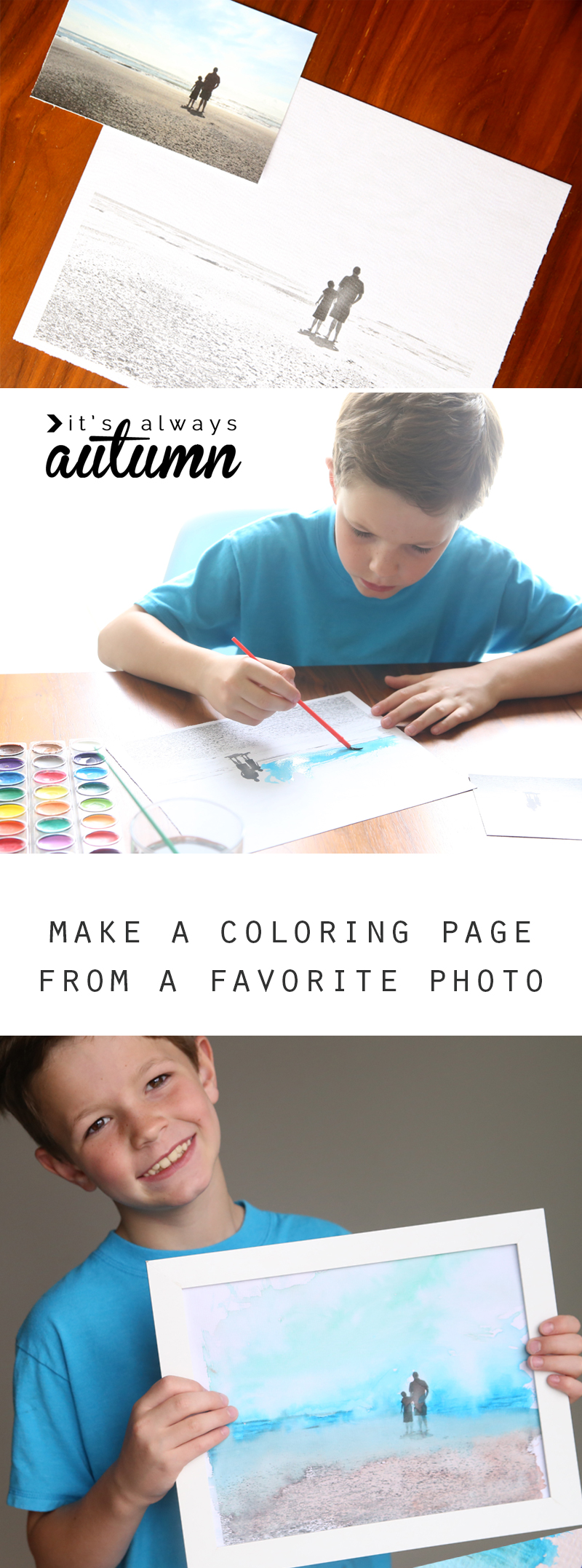 Boy painting a coloring page that\'s been made from a photo of him