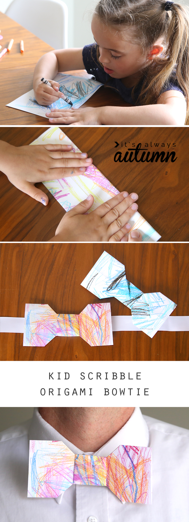 girl coloring on paper, hands folding paper, origami bowtie