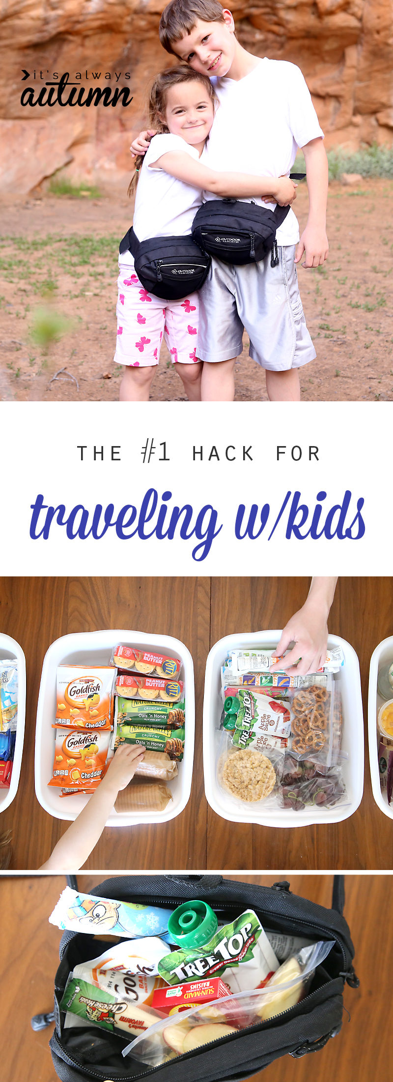 boy and girl wearing fanny packs; children choosing snacks from bins