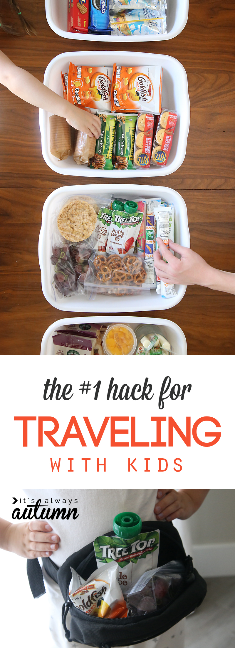 hands grabbing snacks from bins; fanny pack full of snacks traveling with kids hack