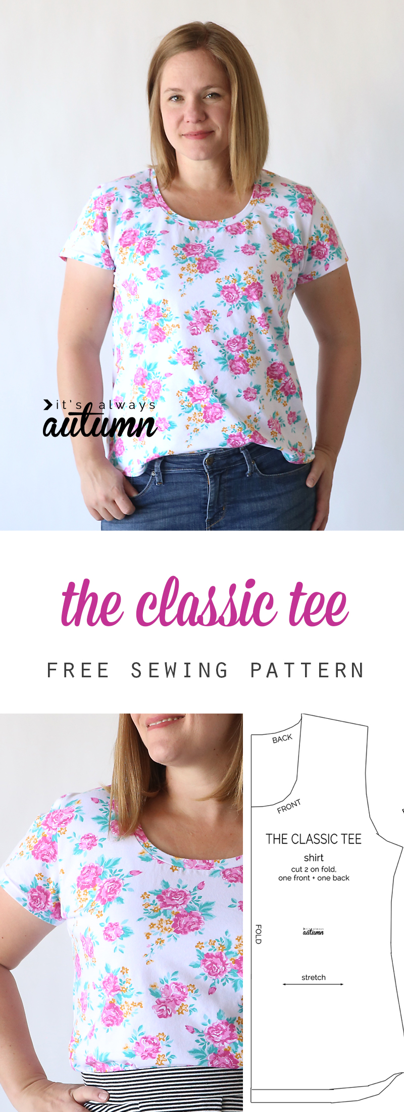 woman wearing floral t-shirt and the classic tee free sewing pattern