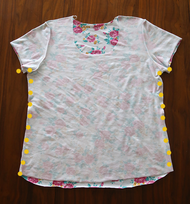 Classic t-shirt inside out with side seams marked