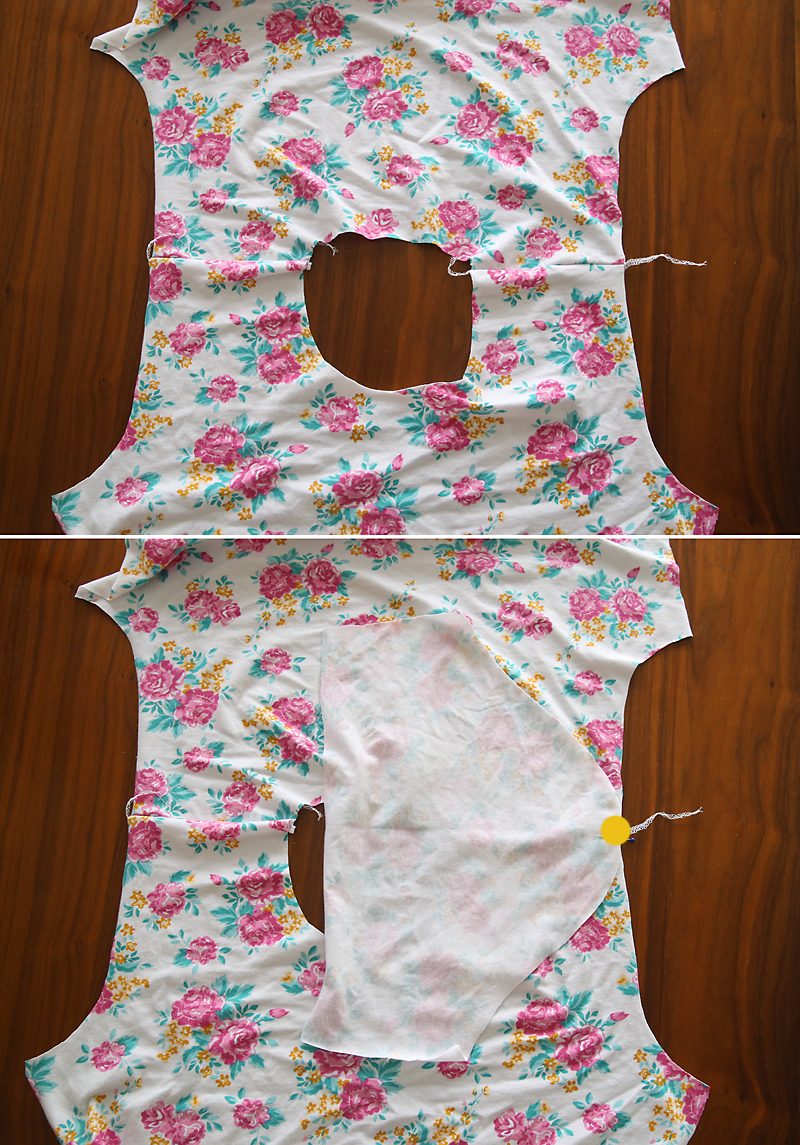 Shirt opened at the shoulder seam, with sleeve laid over and pinned to shoulder seam