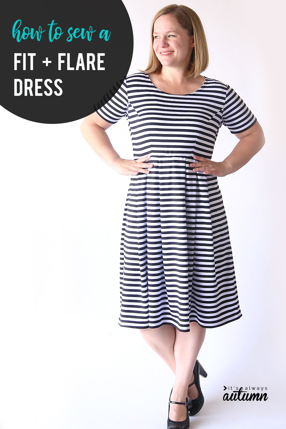 How to sew the perfect flattering fit + flare dress! Learn how to create a pattern in your size for this cute dress. Sewing tutorial.