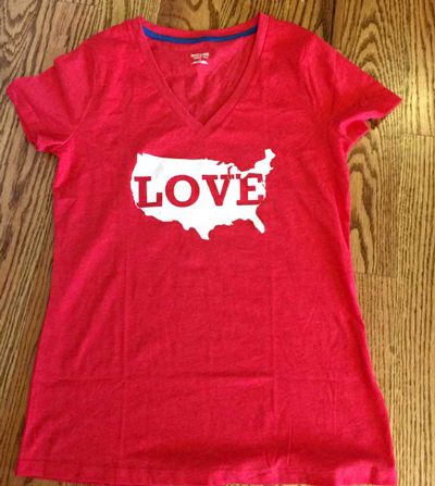 Red t-shirt with white shape of United States design