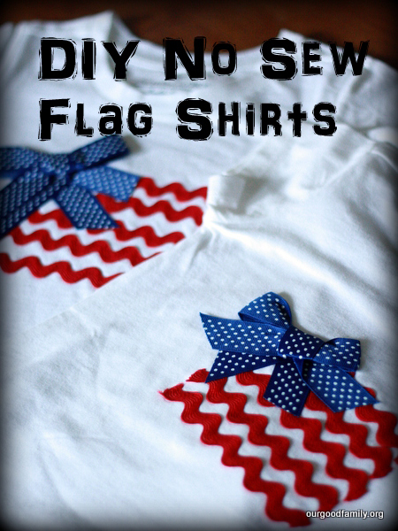 DIY flag shirts - white t-shirts with flag designs made from red ric rac and blue ribbon