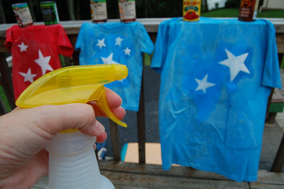 spray bottle and blue shirts with white stars on them