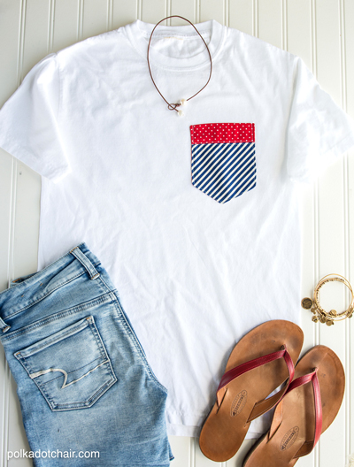a white T-shirt with blue and red pocket