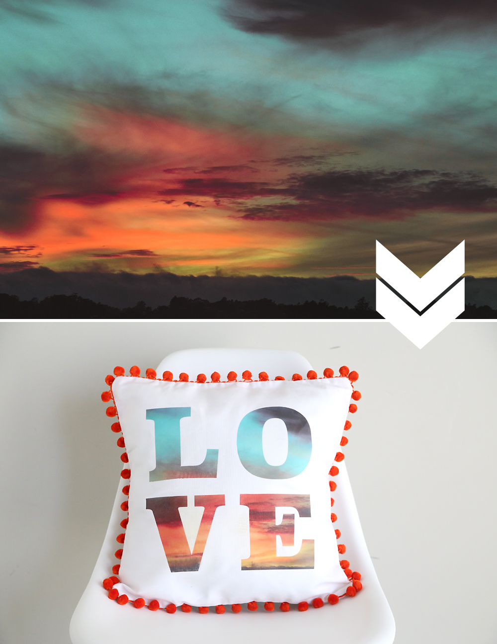 photo of a sunset; photo placed into the letters on the throw pillow