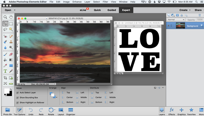 Sunset photo and word LOVE both opened in Photoshop Elements