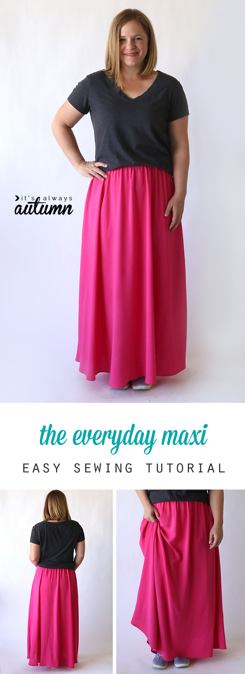 A woman wearing a long pink maxi skirt made from a free sewing pattern