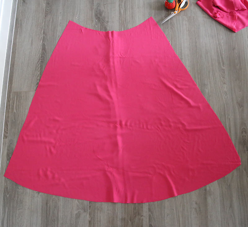 Skirt sewing pieces cut from pink fabric