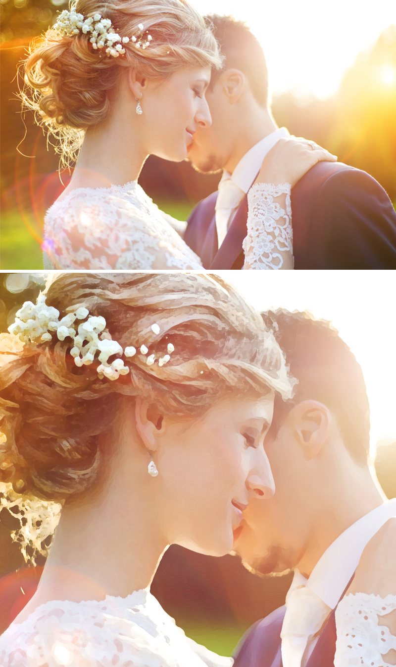 Bride and groom embracing in a photo; then in painting