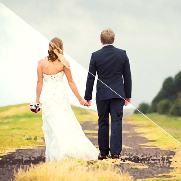 Before and after of a photo of a bride and groom converted into a painting