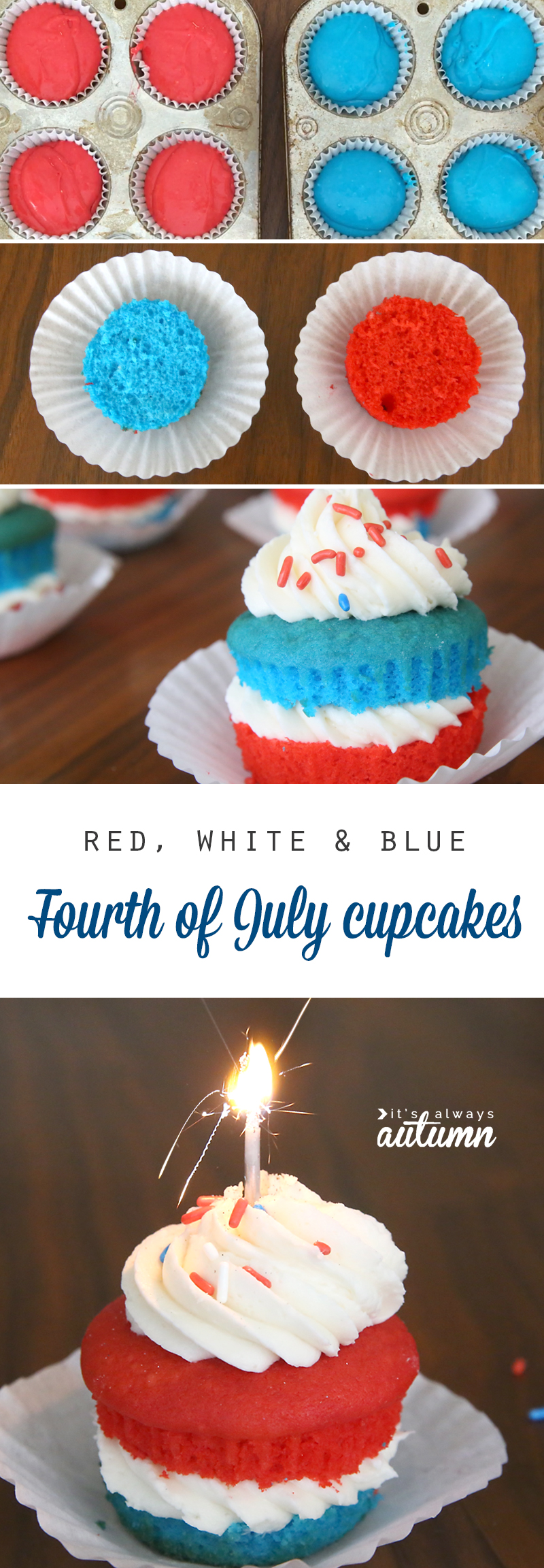 Red white and blue cupcakes for the 4th of July - layers of red and blue cake and white frosting