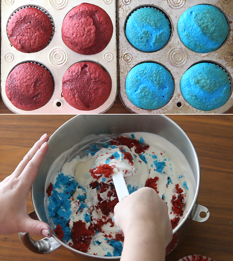 Red and blue cupcakes; mixing red and blue cake chunks into ice cream