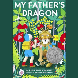 My Father\'s Dragon book cover, with an illustration of a boy and a lion