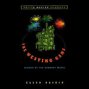 The Westing Game book cover, with a house and fireworks