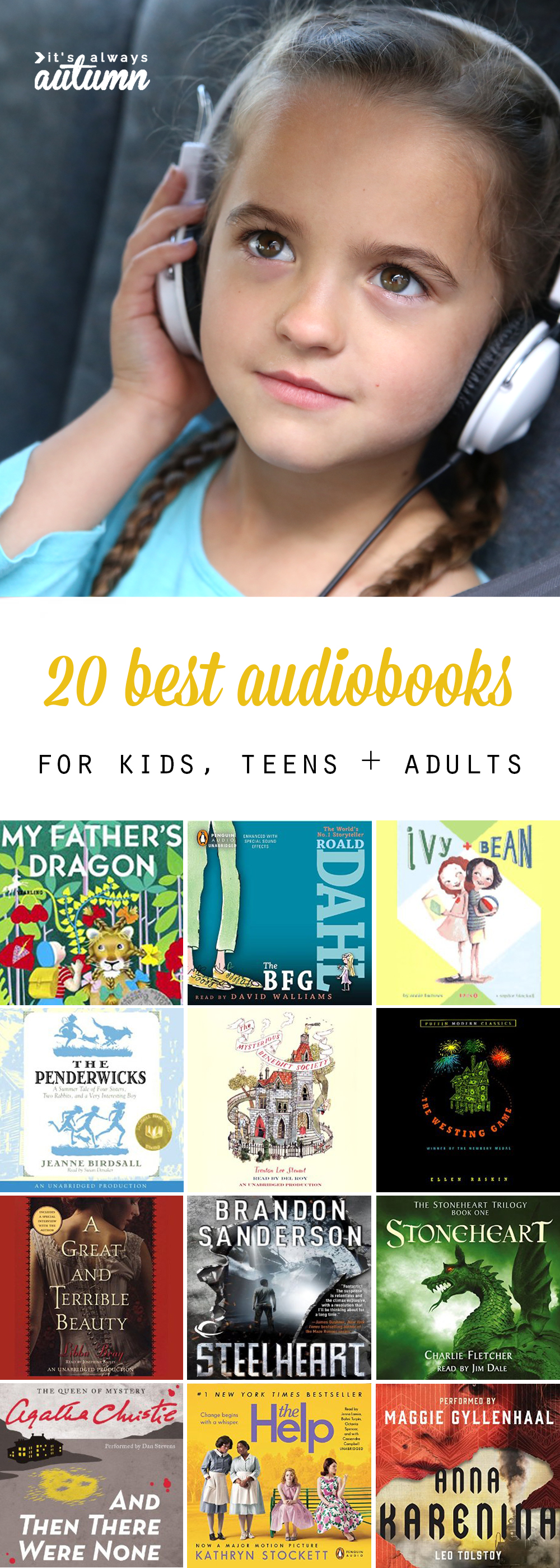 girl in a car with headphones on; collage of book covers
