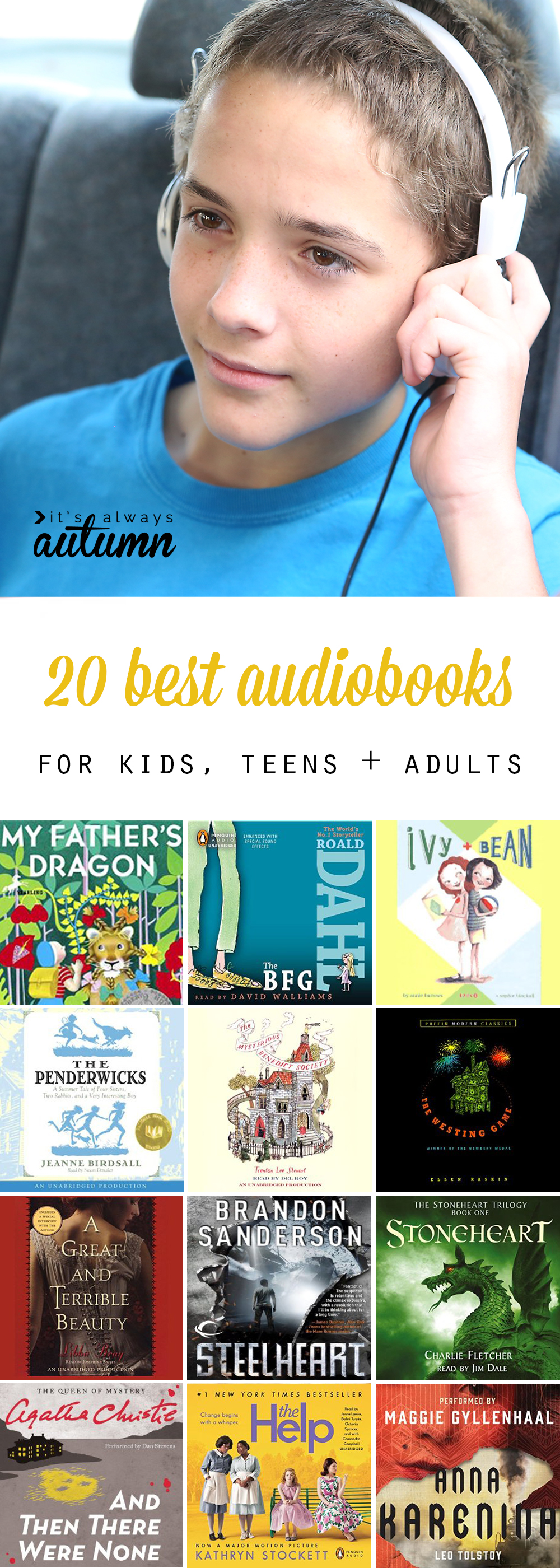 boy in a car with headphones on, collage of book covers