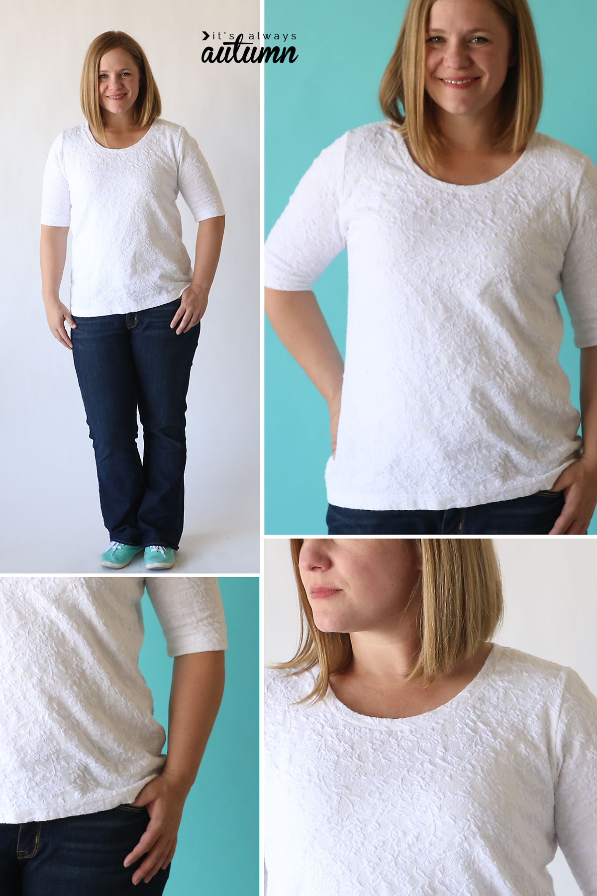 A woman wearing a white t-shirt made from the classic tee free pdf sewing pattern