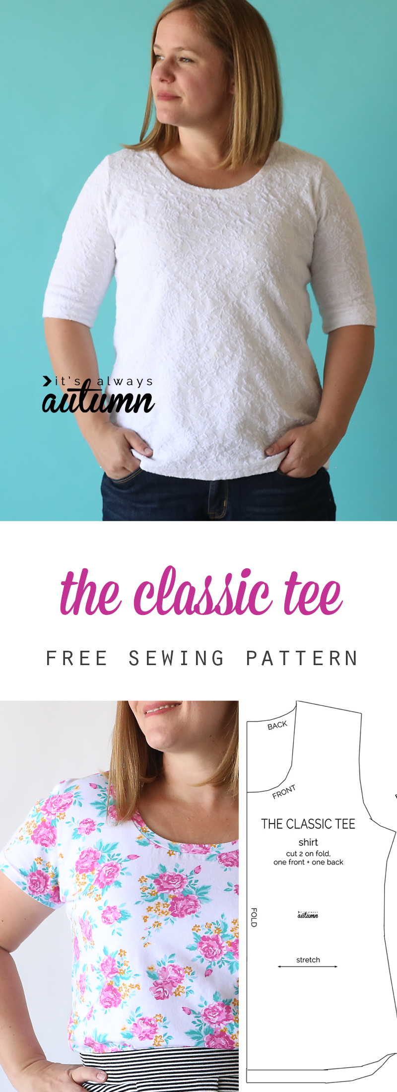 A woman wearing an elbow length t-shirt; the classic tee shirt sewing pattern