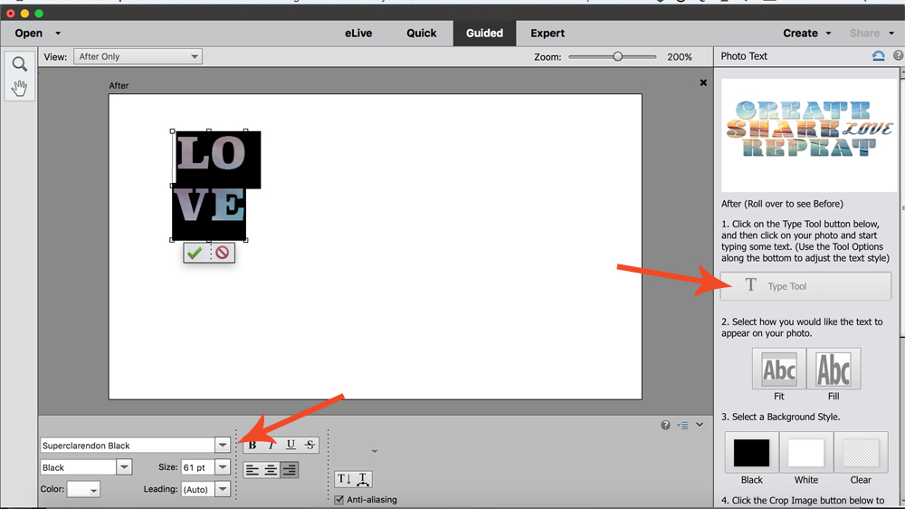 Guided edit in Photoshop Elements with LOVE typed out