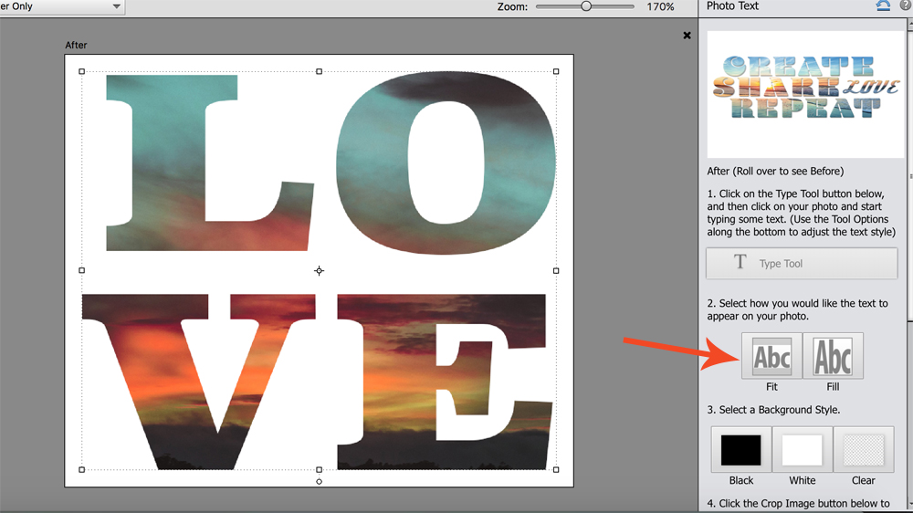 Letters of word LOVE filled with sunset photo