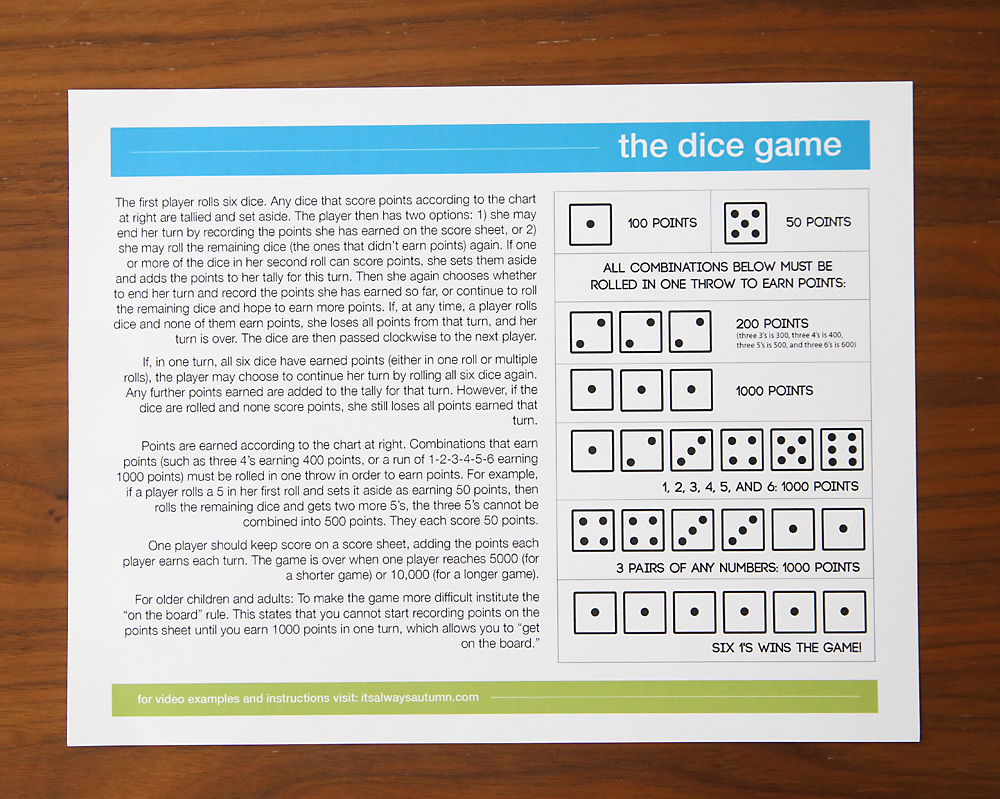 the dice game fun & easy game for kids and adults It's Always Autumn