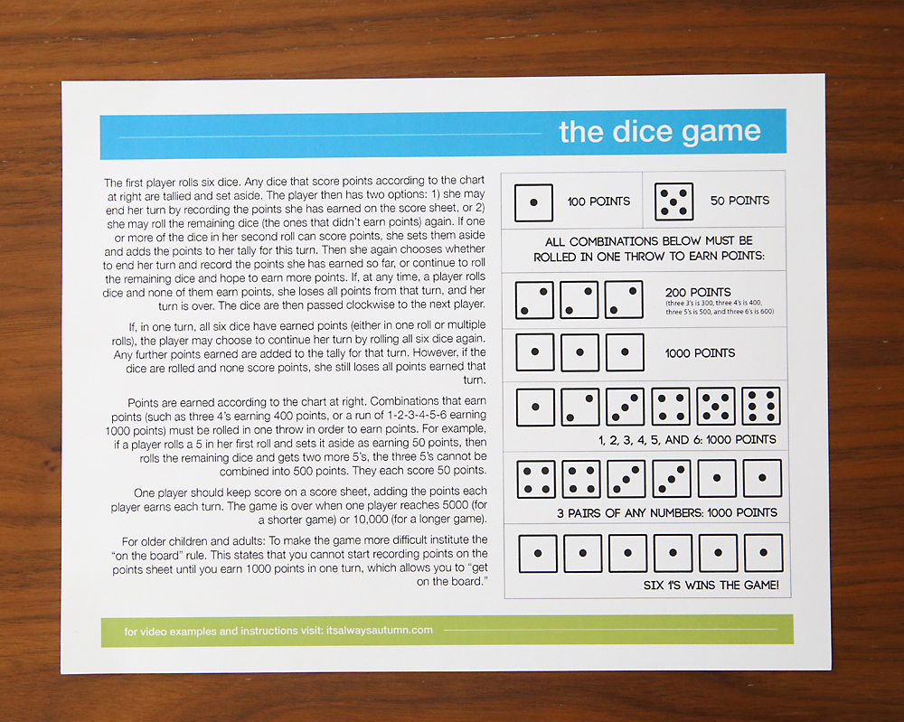 Printable instructions for the dice game