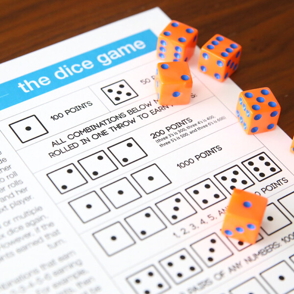 Five dice and instructions for "the dice game"