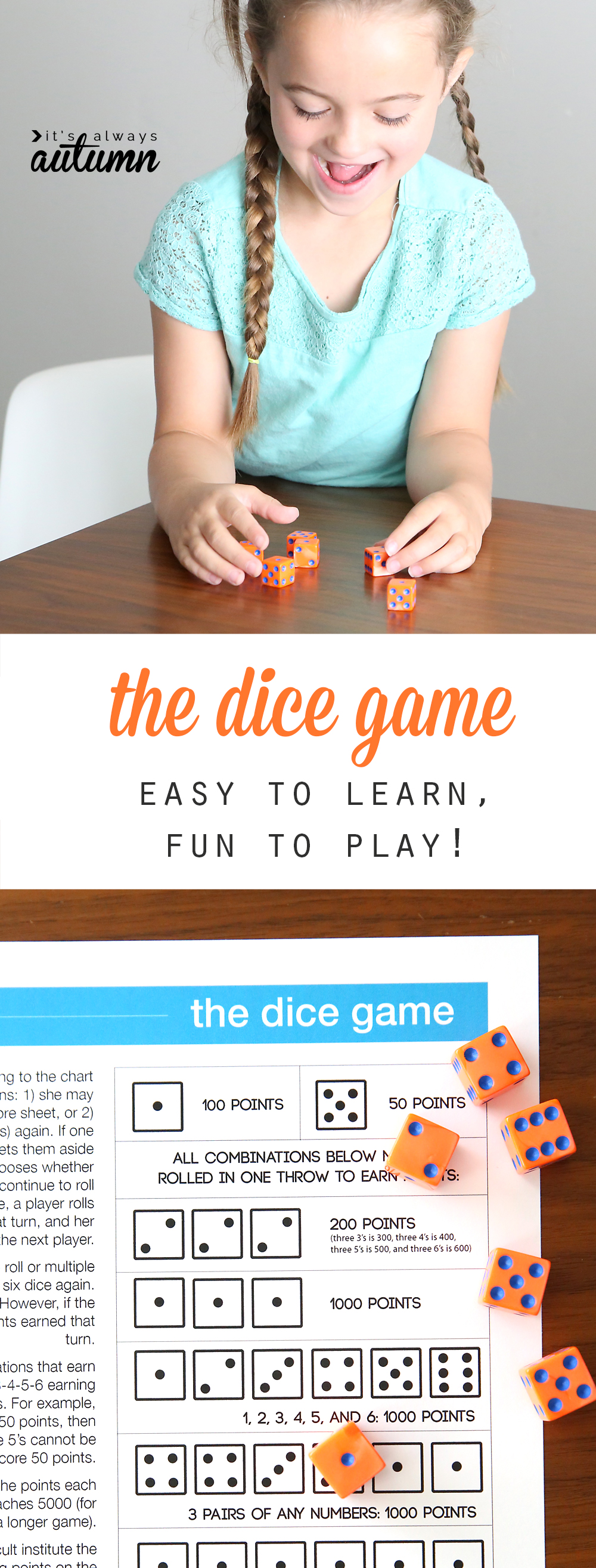 Collage: a little girl rolling dice; instructions for the dice game