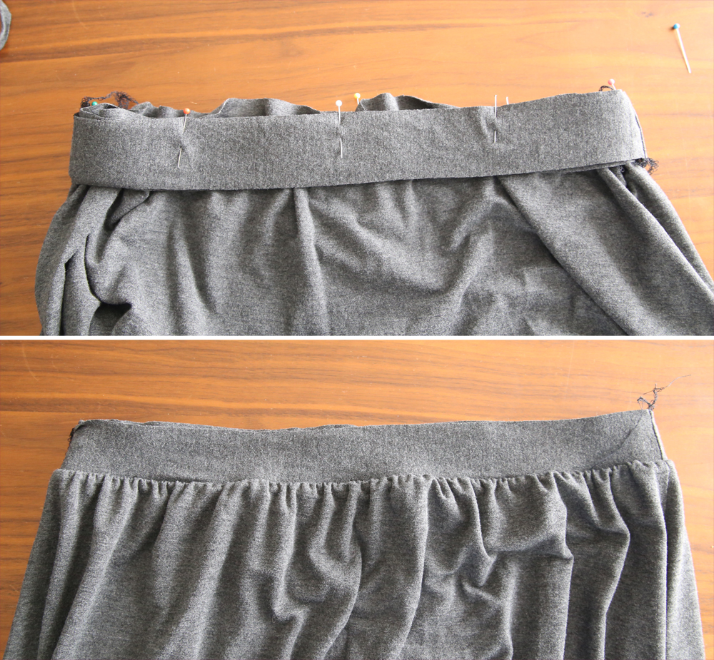 Skirt gathered to fit inside of waistband; waistband sewn to skirt