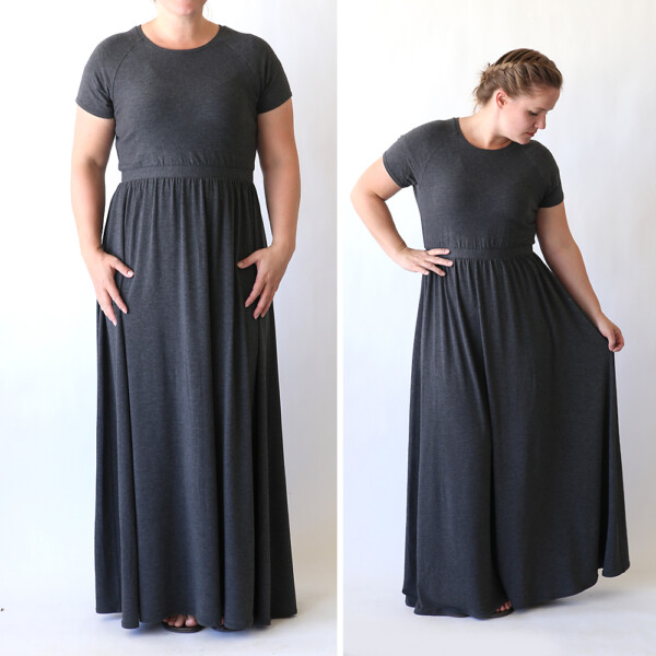 Woman wearing gray hand sewn maxi dress