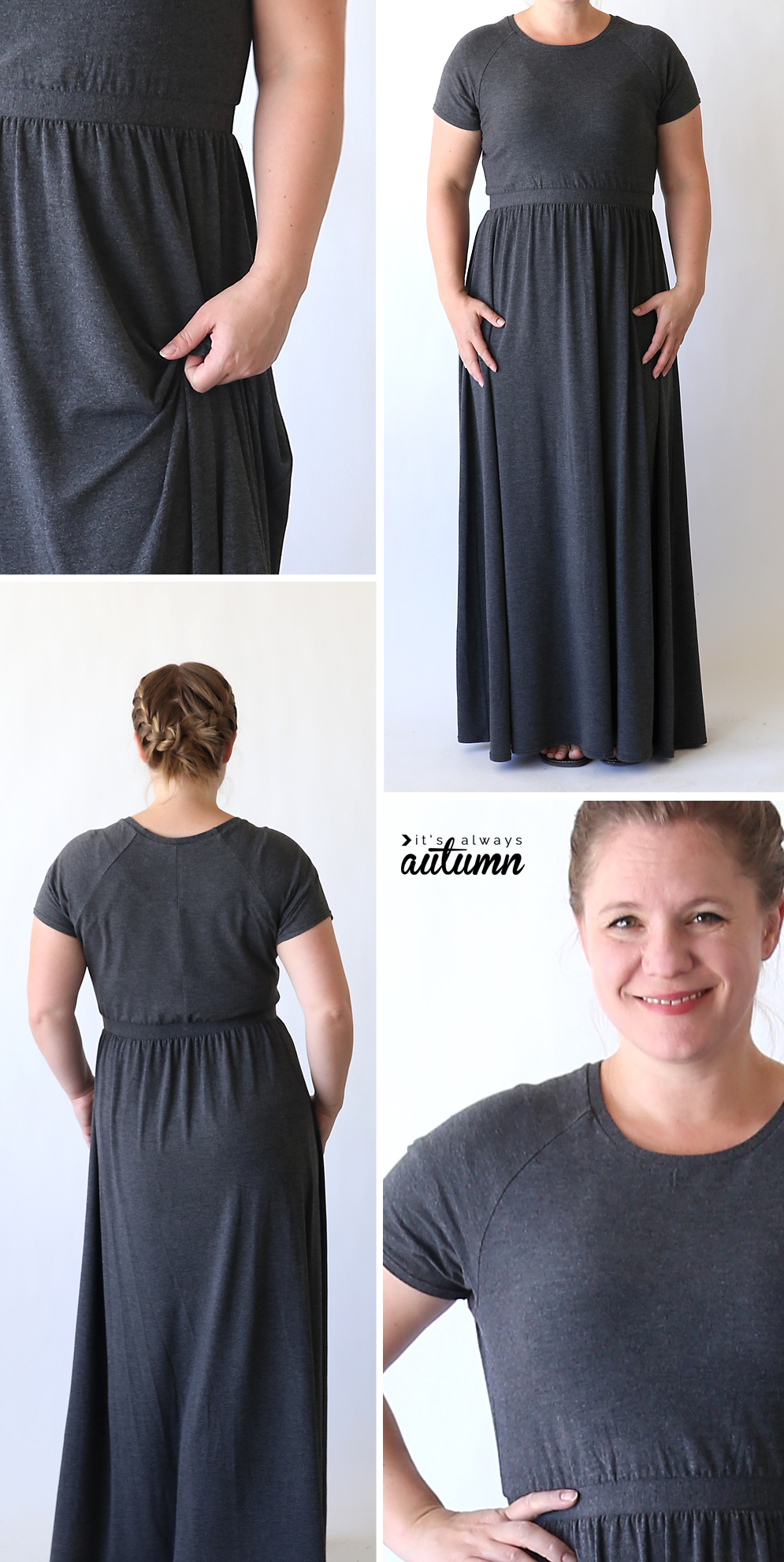 Woman wearing long grey maxi dress made from a sewing tutorial