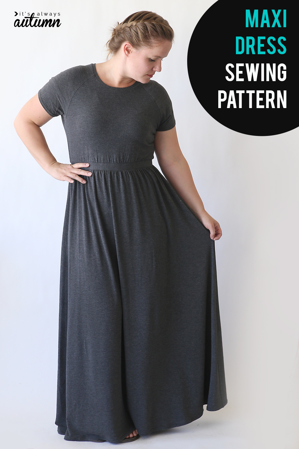 Learn how to make this cute maxi dress using a free t-shirt pattern. Raglan sleeve maxi dress sewing tutorial.