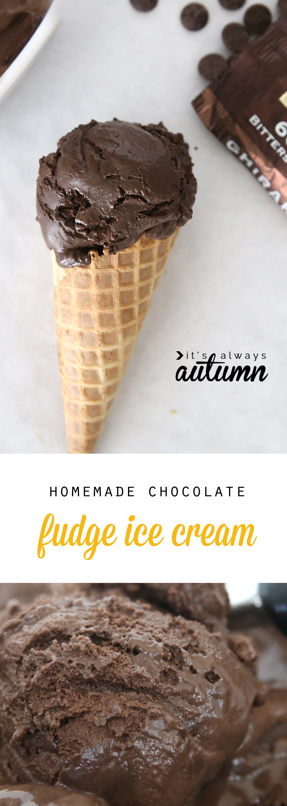 Homemade chocolate fudge ice cream on a cone