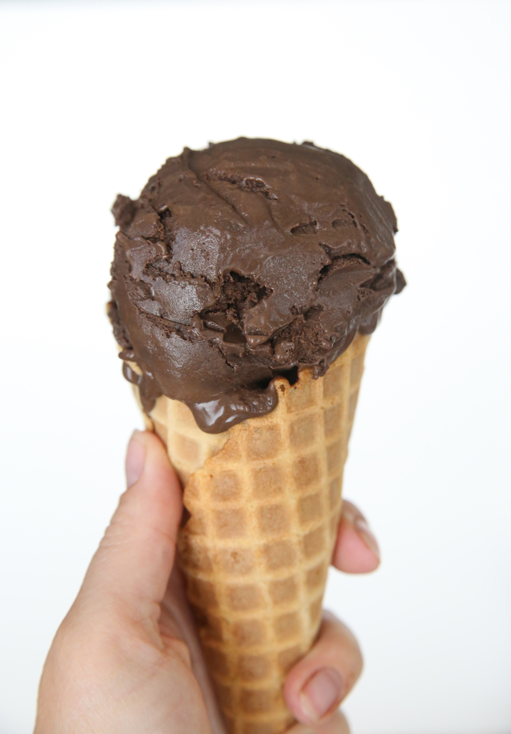 Hand holding dark chocolate fudge ice cream cone
