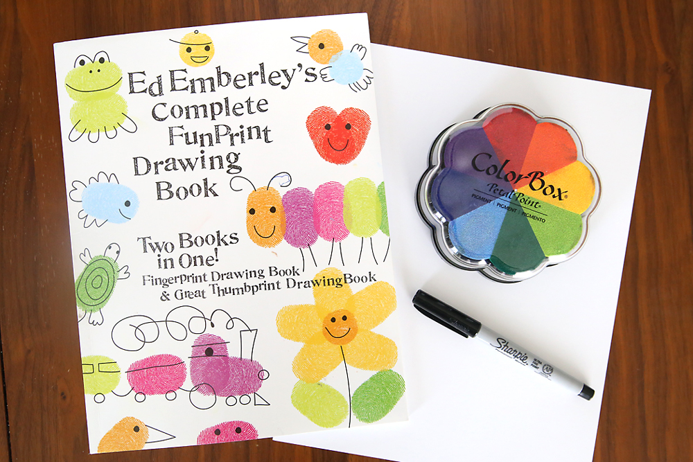 Ed Emberley\'s complete funprint drawing book, paper, sharpie, and inkpad
