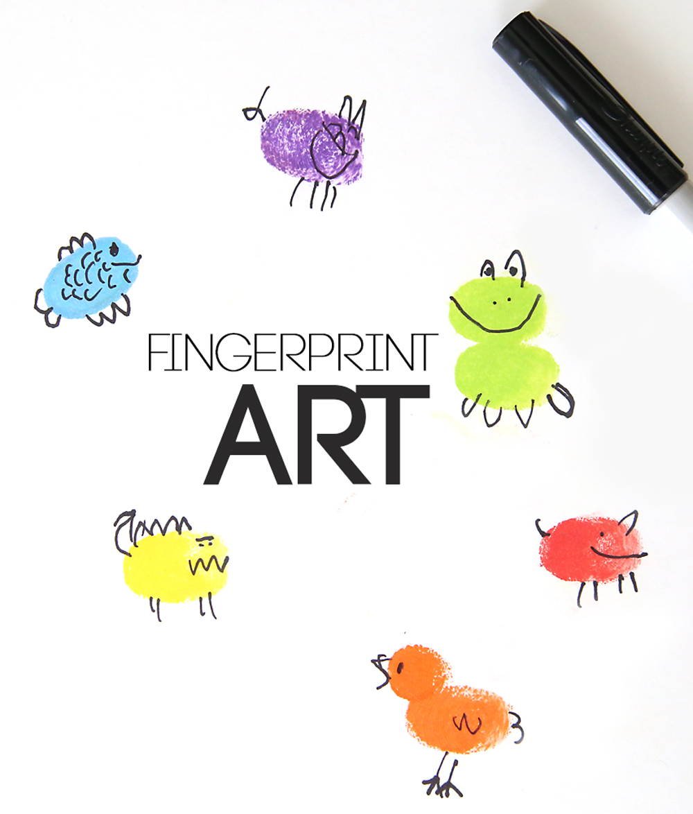 Fingerprint art; different colored fingerprints drawn to look like animals