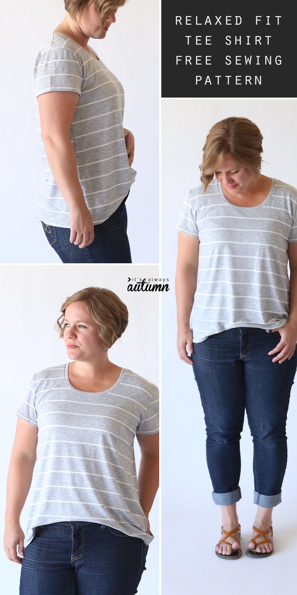 A woman wearing a relaxed fit t-shirt made from a sewing pattern